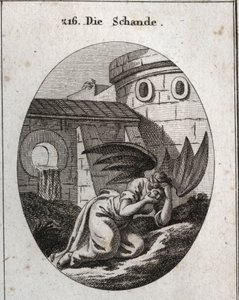 رمز العار الذي يغطي الوجه باليدين وسماته هما جناحان أسودان كبيران للخفاش (الخفاش). النقش في أيقونات "" أو أفكار من مجال المشاعر والرموز الموضحة للرسامين والرسامين والشعراء والعلماء بواسطة المدرسة النمساوية
