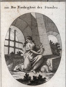 استعارة الدناءة (أو الدناء). صفاته هي الهدهد الذي يتغذى على الفضلات والأرنب الذي هو حيوان خجول. النقش في أيقونات "" أو أفكار من مجال العواطف والرموز الموضحة للرسام ، ماهلر بواسطة المدرسة النمساوية