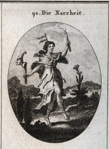 رمزية الجنون. معطف جلد الدب يرغب في الجنون الذي يحمل الغضب ، ويؤكد عمل الرقص أولئك الذين يرتدون ملابس من أجل gaiete. الريشة على رأسه تشير إلى عدم استقرار الأوهام. يتناقض ضوء الشمعة مع أشعة ضوء su بواسطة المدرسة النمساوية