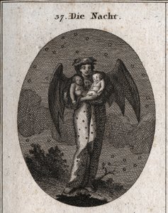 رمزية الليل ممثلة بأجنحة الخفافيش (الخفافيش). تحمل طفلين نائمين ، أحدهما أبيض والآخر أسود (حلم وكابوس). النقش في أيقونات "" أو أفكار من عالم المشاعر والرموز المصورة للرسامين بواسطة المدرسة النمساوية