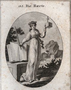 Allegory of severity crowned with an oak branch, attribute of strength. She relies on a book of laws and holds a rod of iron. The cube in which a dagger is slowing desires its closeness and its inflexibility. Engraving in “” Iconologie oder Ideen aus dem G بواسطة المدرسة النمساوية