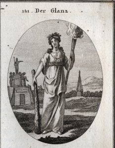 رمزية من الروعة. النادي الذي تعتمد عليه هو رمز الفضائل. السلسلة والميدالية الذهبية هي الأجر. شعلة الضوء هي ضوء للأعمال الجميلة. نقش في Iconologie oder Ideen aus dem Gebiete der Leidenschaften und Allegorien bi بواسطة المدرسة النمساوية
