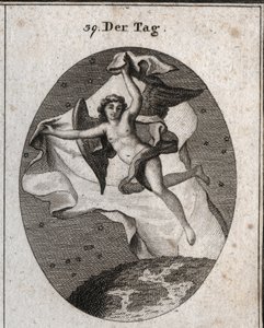Allegory of the day flying quickly and hiding the night and the stars using a bright large veil. Engraving in “” Iconologie oder Ideen aus dem Gebiete der Leidenschaften und Allegorien bildich dargestellt fur Zeichner, Mahler, Dichter, Gelehrte, Erzieher u بواسطة المدرسة النمساوية