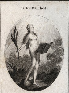 Allegory of the truth represented naked without artifice and natural looks at the light of the sun. The palm symbolizes the triumph of fraud and the book represents study. Engraving in “” Iconologie oder Ideen aus dem Gebiete der Leidenschaften und Allegor بواسطة المدرسة النمساوية