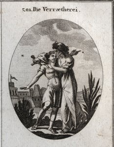 حكاية الخيانة. امرأة عجوز مروعة تداعب شابًا وسيمًا وتستعد لطعنه في نفس الوقت. النقش في أيقونات "" أو أفكار من مجال العواطف والرموز الموضحة للرسامين والرسامين والشعراء والمواد الهلامية بواسطة المدرسة النمساوية