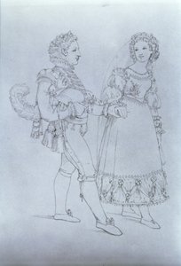تصميمات أزياء لفيغارو وسوزانا من أوبرا "زواج فيغارو" لفولفجانج أماديوس موتسارت (1756-91) (نقش) بواسطة المدرسة النمساوية