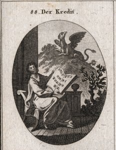 رمز الائتمان يحمل كتابًا بنقش "Solutus omni foenore" "(خالٍ من الفوز للجميع). في الخلفية ، رمز غريفون للحفاظ على التريزور والحفاظ عليه. نقش في "" Iconologie oder Ideen aus dem Gebiete der Leiden بواسطة المدرسة النمساوية