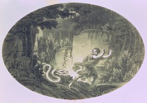 Tamino يلاحقه الثعبان العملاق ، Act I المشهد الأول من `` The Magic Flute &39;&39; بواسطة Wolfgang Amadeus Mozart (1756-91) (النقش) بواسطة المدرسة النمساوية