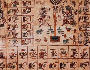 تمثيل آلهة الأزتك والمربعات المقابلة للتقويم. صفحة من مخطوطة الأزتك على اللحاء "Codex Borbonicus" "، مخطوطة السكان الأصليين قبل الكولومبية بوسط المكسيك ، أواخر القرن الخامس عشر. مكتبة الجمعية الوطنية (قصر بوربون). بواسطة ازتيك