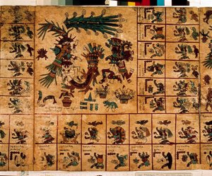 تمثيل آلهة الأزتك والمربعات المقابلة للتقويم. صفحة من مخطوطة الأزتك على اللحاء "Codex Borbonicus" "، مخطوطة السكان الأصليين قبل الكولومبية بوسط المكسيك ، أواخر القرن الخامس عشر. مكتبة الجمعية الوطنية (قصر بوربون). بواسطة ازتيك