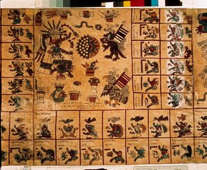 تمثيل آلهة الأزتك والمربعات المقابلة للتقويم. صفحة من مخطوطة الأزتك على اللحاء "Codex Borbonicus" "، مخطوطة السكان الأصليين قبل الكولومبية بوسط المكسيك ، أواخر القرن الخامس عشر. مكتبة الجمعية الوطنية (قصر بوربون). بواسطة ازتيك