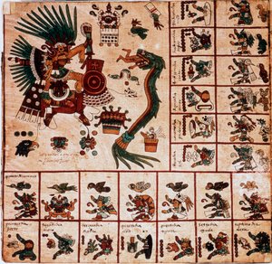 تمثيل Quetzalcoatl و Tezcatlipoca وآلهة الأزتك والمربعات المقابلة للتقويم. صفحة من مخطوطة الأزتك على اللحاء "Codex Borbonicus" "، مخطوطة السكان الأصليين قبل الكولومبية بوسط المكسيك ، أواخر القرن الخامس عشر. مكتبة الوطنية أس بواسطة ازتيك