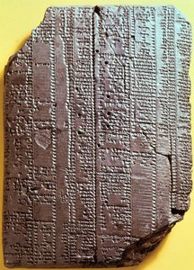 لوح من الطين البابلي مع نص. القرن السابع قبل الميلاد. جدول مقطعي.