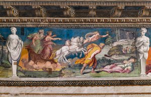 Procris مخوزق بواسطة الرمح الذي لا يخطئ أبدًا ، Cephalus يركض نحوها و Aurora و Titone على عربة تجرها أربعة خيول
