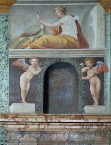 قاعة Sala delle Prospettive Hall of Perspective لتفاصيل trompe loeil المتخصصة التي تصور الإلهة Juno مع الطاووس ، 1518-19 فريسكو
