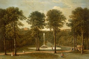 منظر لبركة النافورة في Hackfall ، مع Banqueting House Beyond (زيت على قماش)