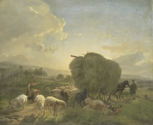 منظر طبيعي مع الأغنام و Hay Wagon