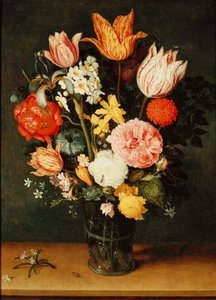 الزنبق والورود والزهور الأخرى في إناء من الزجاج بواسطة Balthasar van der Ast