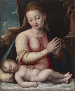 مادونا Adoring the child ، c.1580-1600 (زيت على قماش مثبت على لوحة) بواسطة باربرا لونغي