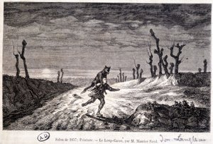 بالذئب (بالذئب) يهاجم رجل - من ap. لوحة لموريس ساند معروضة في صالون عام 1857. بواسطة البارون دودانت جان فرانسوا موريس (بعد) ساند