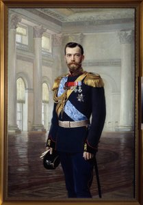 صورة القيصر الروسي نيكولاس الثاني في عام 1900 (1868-1918) لوحة لإرنست كارلوفيتش ليبهارت (1847-1932) متحف الدولة في الهواء الطلق تسارسكوي سيلو، سانت بطرسبرغ. بواسطة البارون إرنست فريدريش فون ليبهارت