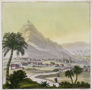 منظر لبلدة ليما ، بيرو ، من "Le Costume Ancien et Moderne" ، المجلد الثاني ، اللوحة 13 ، بقلم جولز فيراريو ، محفور بواسطة باولو فوماغالي ، تم نشره في 1820s-30s بواسطة البارون فريدريش ألكسندر فون هومبولت