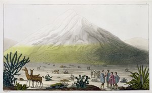 جبل شيمبورازو ، الإكوادور ، من "Le Costume Ancien et Moderne" ، المجلد الثاني ، اللوحة 3 ، بقلم جول فيراريو ، منقوش بواسطة باولو فوماغالي ، تم نشره في 1820s-30s بواسطة البارون فريدريش ألكسندر فون هومبولت
