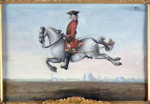 رقم 51 حصان رمادي مرقط من مدرسة الفروسية الإسبانية يقوم بحركة ترويض تسمى كابريول (مرحاض على الورق)