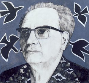صورة لأوليفييه ميسياين ، رسم توضيحي لصحيفة صنداي تايمز ، السبعينيات (غواش على متنها)