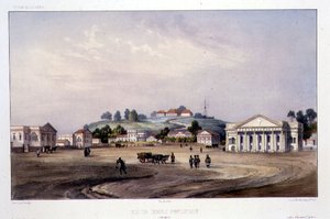 منظر لمعبد بروتستانتي ، سنغافورة ، نقش بواسطة ألفريد ليون ليميرسييه ، حوالي 1840 (ليثو ملون يدويًا) بواسطة بارثيليمي (بعد) لوفيرني
