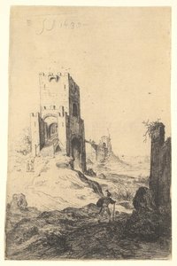 منظر لبونتي مامولو ، جسر في الخلفية ، برج مع منحدر في الأرض الوسطى ... ، 1639.