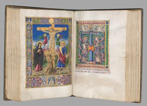 Missale: Fol. 185v: صلب بحدود صفحة كاملة ، 1469. بواسطة بارتولوميو كابورالي