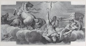 اللوحة 34: العجلة ، Auriga ، يسقط من العربة في المركز ، بثلاثة خيول في ... 1756. المؤلفون: بارتولوميو كريفيلاري ، غابرييل سودرلينج. بواسطة بارتولوميو كريفيلاري ، غابرييل سودرلينج