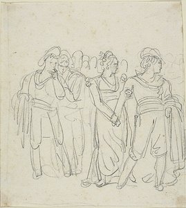 رئيس عصابة تعيقه امرأة (على الوجه)؛ رسم لشخصين في منظر طبيعي (على الظهر) بواسطة بارتولوميو بينيلي