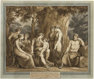 كاليبسو يشاهد Telemachus مع كيوبيد على ركبته ، بينما ساعات مينتور في حالة غضب ، من مغامرات Telemachus ، الكتاب 7 بواسطة بارتولوميو بينيلي