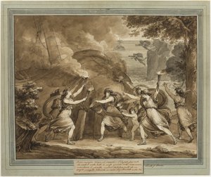 ينصح كيوبيد كاليبسو بإشعال النار في سفينة المرشد ، من مغامرات Telemachus ، الكتاب 7 بواسطة بارتولوميو بينيلي