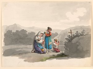 رسم، امرأة مع طفلها الرضيع تصلي أمام الصليب الذي يشير إلى المكان الذي قُتل فيه زوجها، 1807-08 بواسطة بارتولوميو بينيلي
