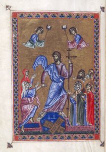Egerton 1139 ، f.9v Harrowing of Hell ، رسم توضيحي من "سفر المزامير للملكة Melisende ، القدس حوالي 1131-40 (حبر ولون وذهب على ورق) بواسطة باسل باسل