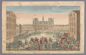 منظر لمبنى البلدية في باريس مع موكب يعلن السلام Publicacion de la paz en Paris (العنوان على الكائن)