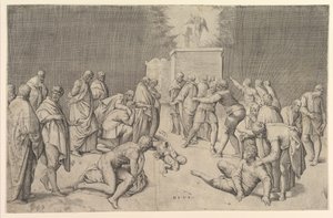 الفلسطينيون يضعون تابوت العهد في معبد داجون ، كاليفورنيا. 1540.