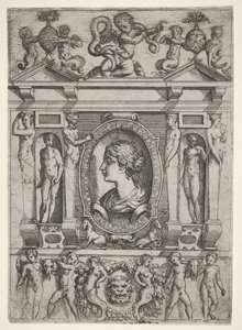 تمثال نصفي لامرأة في صورة جانبية متجهة إلى اليسار ، في إطار مفصل بأشكال في n ... ، ca. 1540-80.