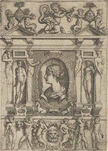 تمثال نصفي لامرأة في صورة جانبية متجهة إلى اليسار ، في إطار مفصل بأشكال في n ... ، ca. 1540-80.