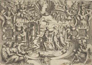 أربع نساء يحيطن شخصية جالسة ، فوقها عصفور ، داخل إطار مفصل ... ، كاليفورنيا. 1540-80.
