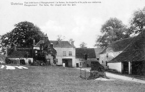 مزرعة Hougoumont ، موقع استراتيجي مهم في ويلينغتون خلال معركة واترلو ، بطاقة بريدية تذكارية ، حوالي 1912 (فوتوليثو)