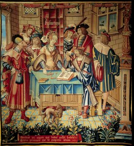 Curtain illustrating the liberal arts: Arithmetic. Wool and silk tapestry made around 1520 in Tournai. Sun 3,1x2,9 m Paris, national museum of the Middle Ages, Thermes de Cluny بواسطة المدرسة البلجيكية