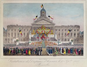 توزيع أعلام الشرف في بروكسل في 27 سبتمبر 1832 ، 1832 (نقش الألوان) بواسطة المدرسة البلجيكية