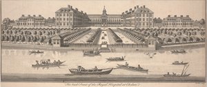 الجبهة الخلفية للمستشفى الملكي في تشيلسي ، نشرت عام 1756 (نقش على صفيحة نحاسية)
