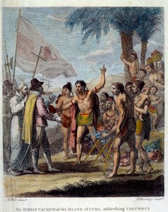 ترحب Cacique الهندية من جزيرة كوبا بكريستوفر كولومبوس (1451-1506) والممثلين العسكريين والكنسيين الأوروبيين لمناقشة إنشاء دولة جديدة. واجهة "التاريخ المدني والتجاري للمستعمرات البريطانية في الغرب بواسطة بنيامين ويست