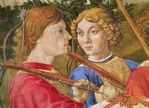 موكب المجوس ، موكب بقيادة لورنزو العظيم في غطاء Magus Caspar ، تفاصيل رؤوس اثنين من نشاب ، 1459-1462