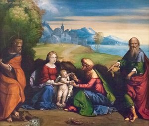 العائلة المقدسة مع القديس يواكيم وحنة (رسم) بواسطة Benvenuto Tisi da Garofalo